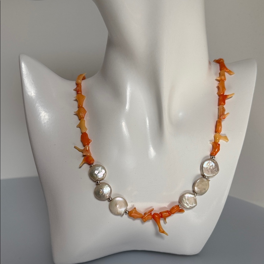 Vintage Coral  freshwater Pearls 925 sterling Silver Necklace​ - Picture 8 of 10